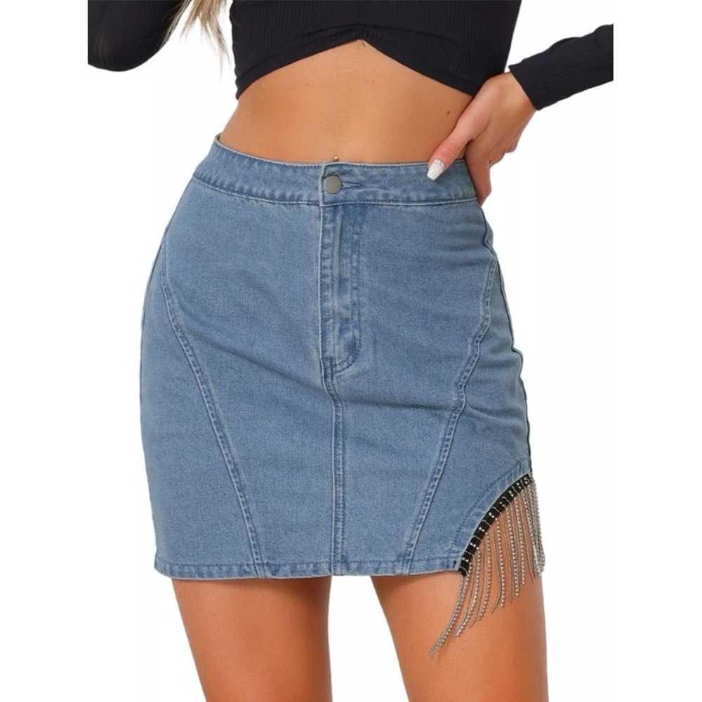 Allegra‎ K Denim Mini Skirt Medium Light Wash Blue Rhinestone Fringe Party NEW